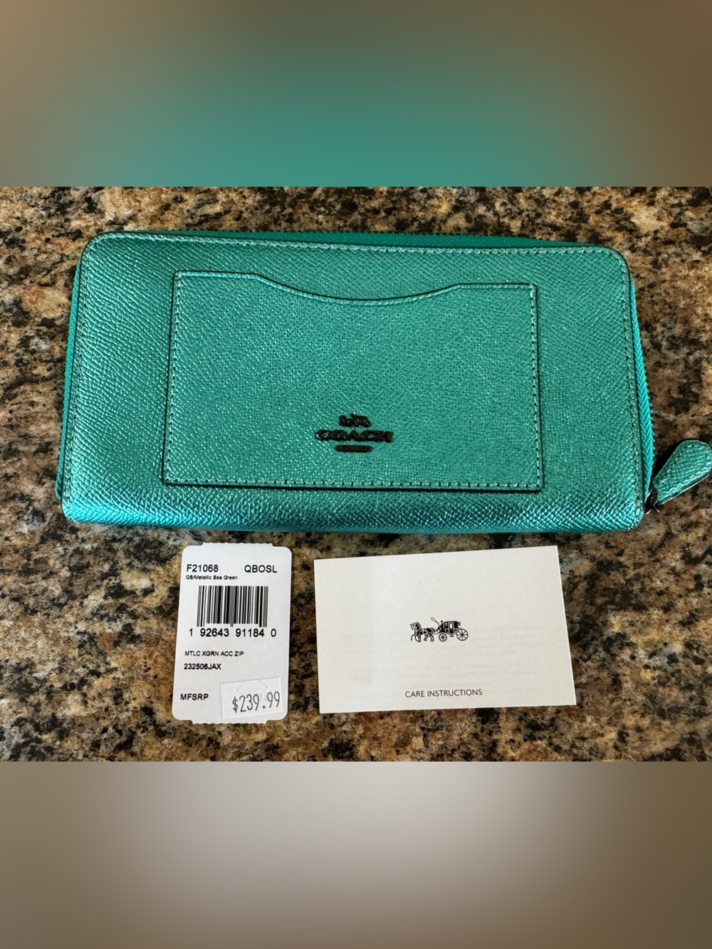 Coach mermaid Teal Crossgrain Accordion Zip Around Leather Wallet Metallic